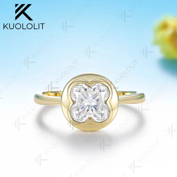 Kuololit 1.5CT Four Leaf Clover Moissanite Engagement Ring for Women Solid 14K 585 Yellow Gold Lucky for Christmas Party