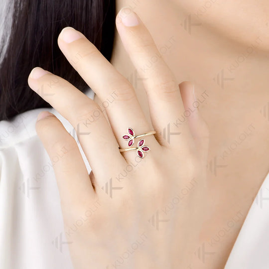 Kuololit Lab Grown Ruby Leaf Custom Ring for Women Solid 14K 10K 585 Yellow Gold Engagement Ring for Christmas Gift Party Luxury