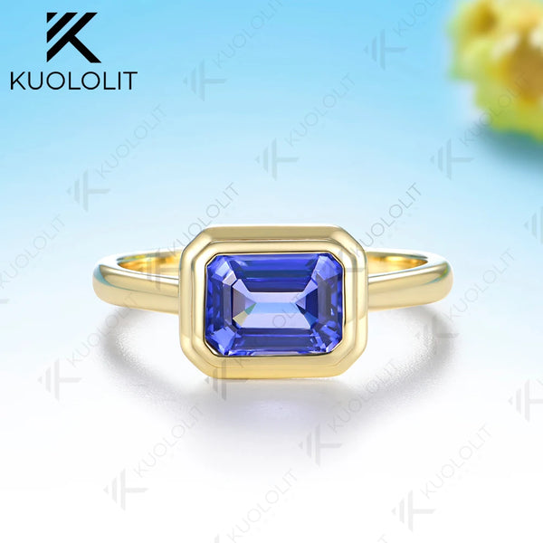 Kuololit 3CT Lab Grown Sapphire Bezel Set Ring for Women Solid 14K 10K585 Yellow Gold Engagement Ring for Christmas Gift Party