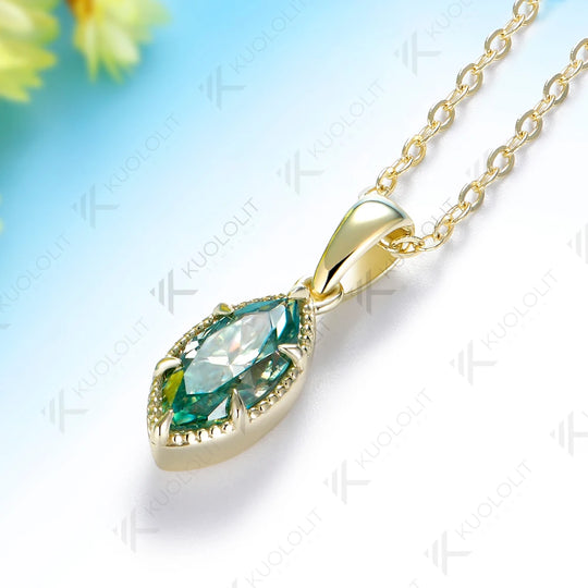 Kuololit 1CT Cyan Moissanite Marquise Custom Necklace for Women Solid 585 14K 10K Yellow Gold Necklace for Christmas Gifts Party