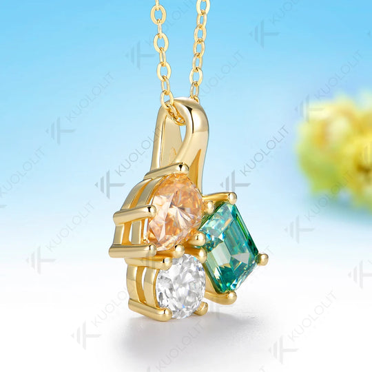 Kuololit 4.3CT Champagne Cyan White Moissantie Custom Necklace for Women Solid 14K 10K 585 Yellow Gold for Christmas Gifts Party