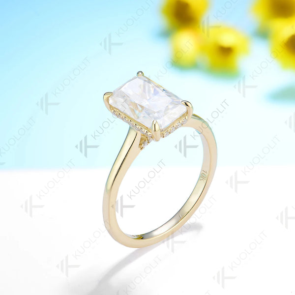 Kuololit 4ct Radiant Cut Moissanite for Women Solid  14K10K Yellow Gold Emerald Cut D/VVS1 Solitaire Ring for Engagement Wedding