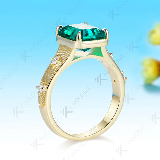 Kuololit Lab Grown Emerald Diamond Ring for Women Men Solid 14K 10K 585 Yellow Gold for Engagement Anniversary Christmas Gifts