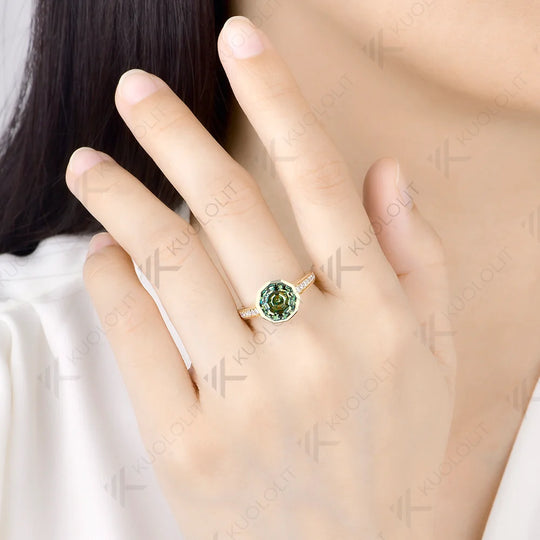 Kuololit 3.5CT Cyan Moissanite Decagon Cut Custom Ring for Women Solid 14K 10K 585 Yellow Gold for Christmas Gifts Party