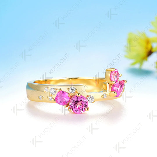 Kuololit Lab Grown Pink Sapphire Moissanite Ring for Women Men Solid 10K 14K Yellow Gold for Anniversary Christmas Gifts Party