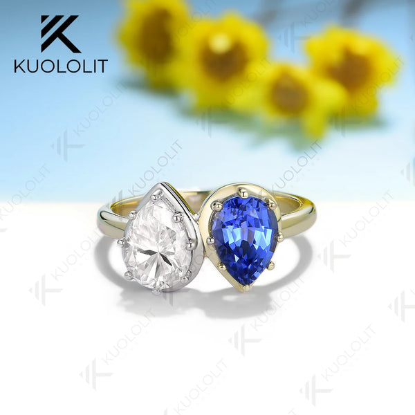 Kuololit 2.5CTW Pear Moissanite Blue Sapphire Ring for Women Solid 18K 14K Two Tone Gold Gemstone Ring for Engagement Christmas