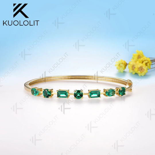 Kuololit Lab Grown Emerald Bangle for Women Solid 10K Yellow Gold Oval Shaped Gemstone Round Bracelet for Engagement Trendy Gift