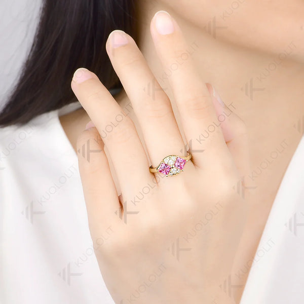 Kuololit 1.6CTW Lab Pink Sapphire Princess Cut Moissanite Custom Ring for Women Solid 14K 10K 585 Yellow Gold for Christmas Gift