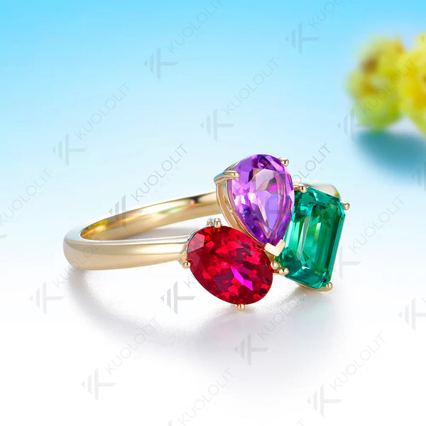 Kuololit 3CTW Lab Grown Emerald Ruby and Natural Amethyst Rings for Women Solid 14K 10K 585 Yellow Gold for Christmas Engagement
