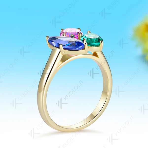 Kuololit Lab Grown Blue Sapphire Emerald Gemstones Custom Ring for Women Solid 14K 10K 585 Yellow Gold for Christmas Gifts Party