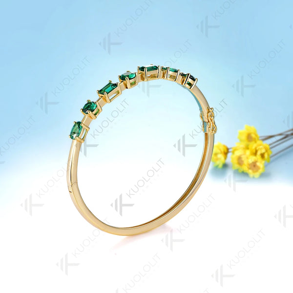 Kuololit Lab Grown Emerald Bangle for Women Solid 10K Yellow Gold Oval Shaped Gemstone Round Bracelet for Engagement Trendy Gift