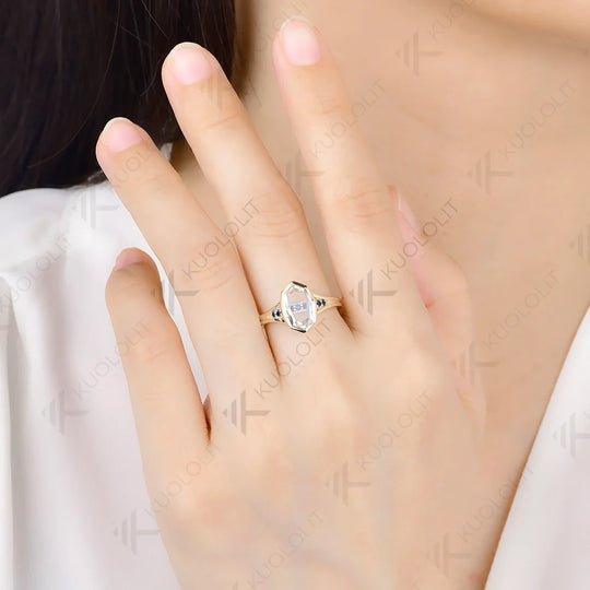 Kuololit 2CT Unique Portrait Cut Rhombus Moissanite Sapphire Custom Ring for Women Solid 14K 10K Yellow Gold for Christmas Gifts