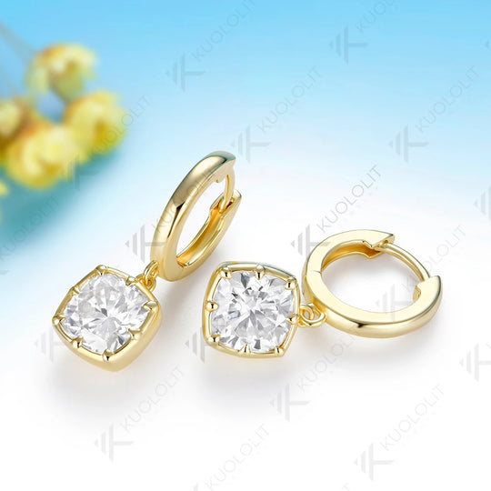 Kuololit 5CTW Cushion Cut Moissanite Earrings for Women Solid 14K 10K Yellow Gold Cushion Cut Clip Earrings for Christmas Gifts