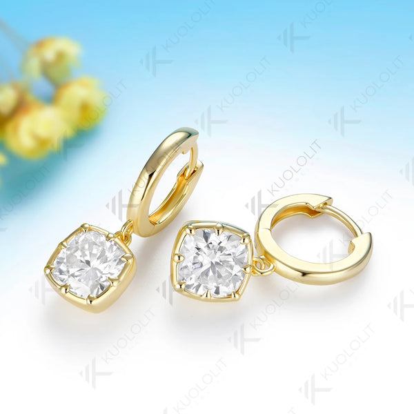 Kuololit 5CTW Cushion Cut Moissanite Earrings for Women Solid 14K 10K Yellow Gold Cushion Cut Clip Earrings for Christmas Gifts