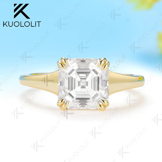 Kuololit 2.5CT Asscher Cut Moissanite Custom Ring for Women Solid 14K 10K 585 Yellow Gold for Engagement Wedding Christmas Gifts