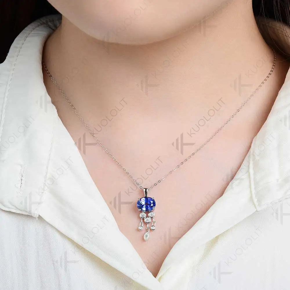 Kuololit 3CT Lab Grown Blue Sapphire with Moissanite Necklace for Women Solid 18K 14K 10K 585 Yellow Gold Pendant for Christmas