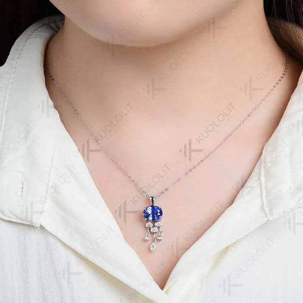 Kuololit 3CT Lab Grown Blue Sapphire with Moissanite Necklace for Women Solid 18K 14K 10K 585 Yellow Gold Pendant for Christmas
