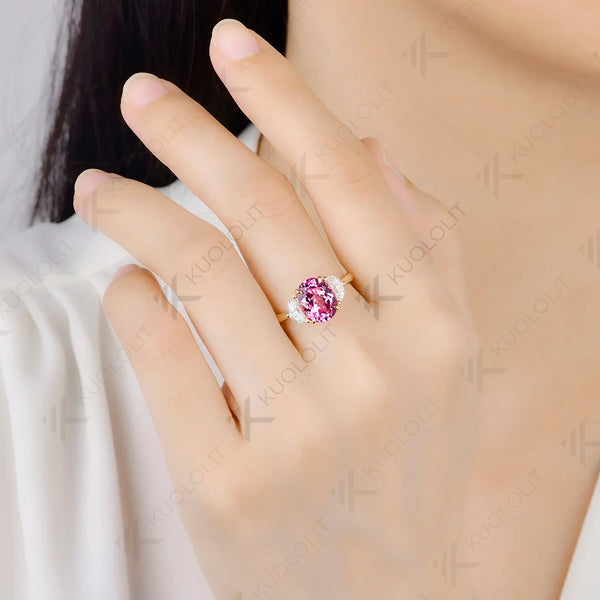 Kuololit 4.2CTW Lab Pink Sapphire Moissanite Custom Ring for Women Solid 14K 10K 585 Yellow Gold for Christmas Gifts Anniversary