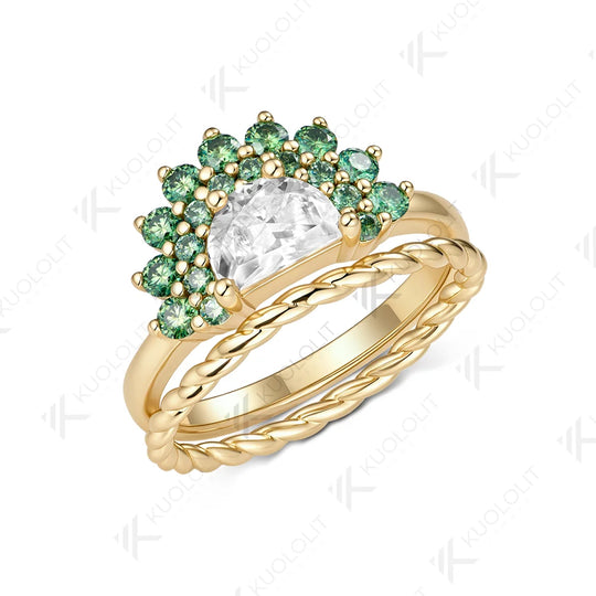 Kuololit 0.8CT Half Moon Cyan Mossanite Custom Ring for Women Solid 14K 10K 585 Yellow Gold Engagement Ring for Christmas Party