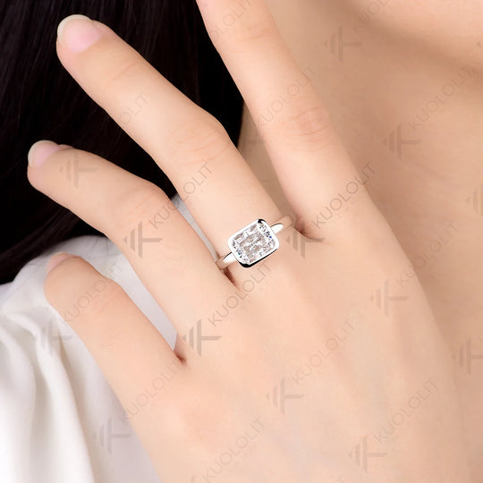 Kuololit 3CT Radiant Cut Cyan Moissanite Ring for Women Solid 14K 10K White Gold Bezel Set Engagement Ring for Christmas Gifts Party