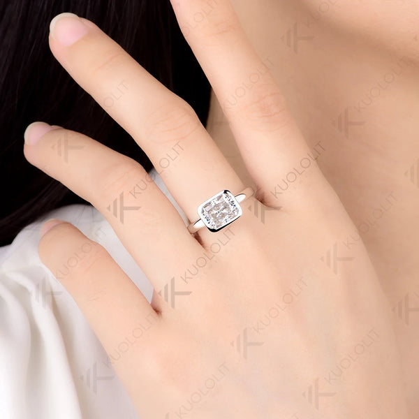 Kuololit 3CT Radiant Cut Cyan Moissanite Ring for Women Solid 14K 10K White Gold Bezel Set Engagement Ring for Christmas Gifts Party