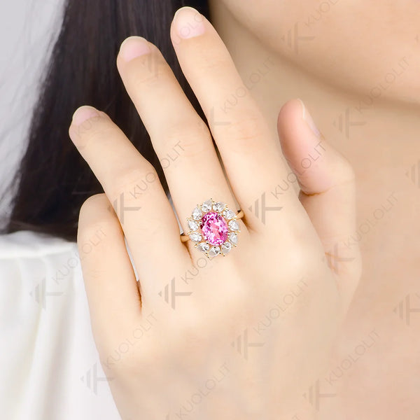 Kuololit 3.5CT Lab Pink Sapphire Pear Moissanite Custom Ring for Women Solid 14K 10K 585 Yellow Gold for Christmas Gifts Party