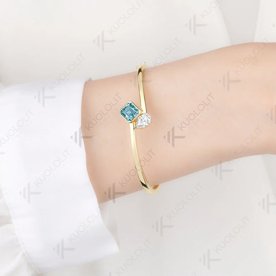 Kuololit 3.2CTW Cyan Moissanite Pear Asscher Cut Bangle for Women Solid 10K Yellow Gold Pear Bangle for Trendy Christams Gifts