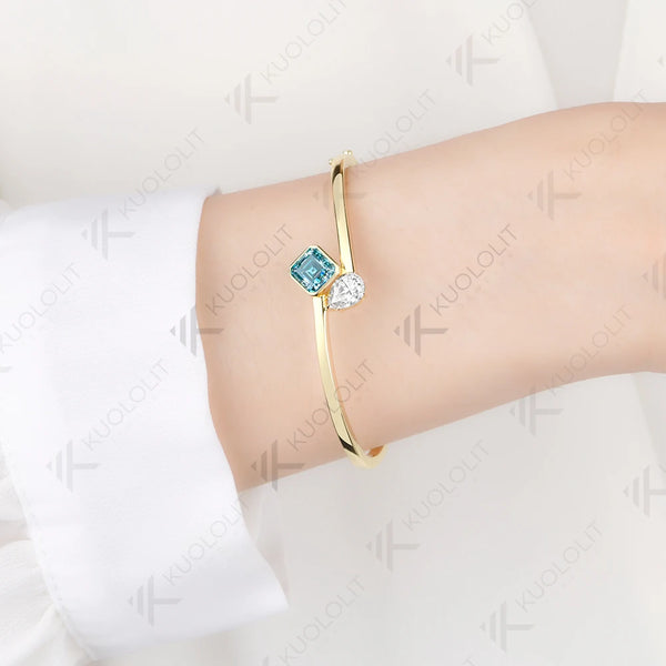 Kuololit 3.2CTW Cyan Moissanite Pear Asscher Cut Bangle for Women Solid 10K Yellow Gold Pear Bangle for Trendy Christams Gifts