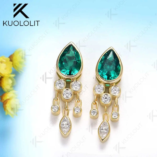 Kuololit 3CTW Lab Grown Emerald with Moissanite Stud Earrings for Women Solid 14K 10K 585 Gold Jellyfish Earrings for Christmas