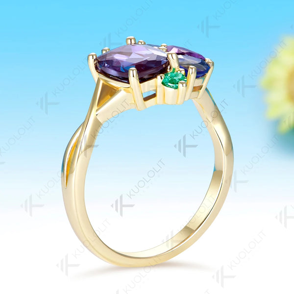 Kuololit Lab Grown Alexandrite Cushion Custom Ring for Women Solid 14K 10K 585 Yellow Gold Engagement Ring for Christmas Gift
