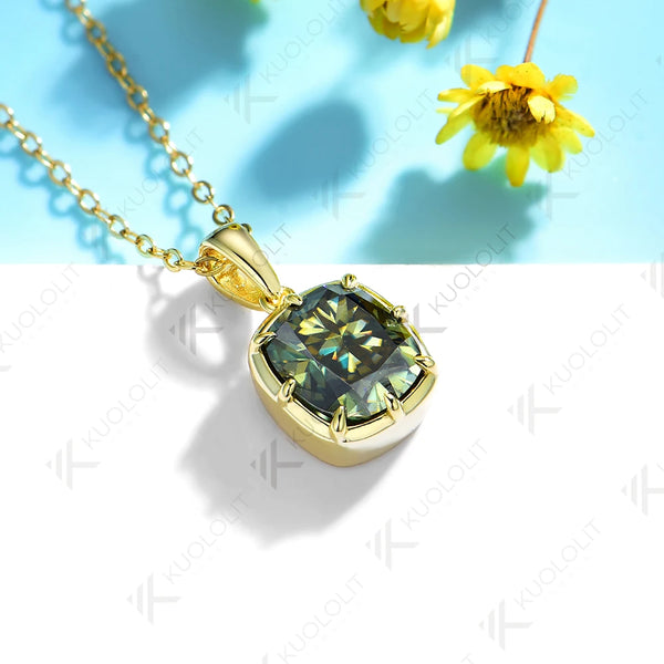 Kuololit 2.5CT Cyan Moissanite Lab Grown Pink Sapphire  Cushion Cut Necklace for Women Solid14K10K 585 Yellow Gold Necklace for Christmas Gift Engagement