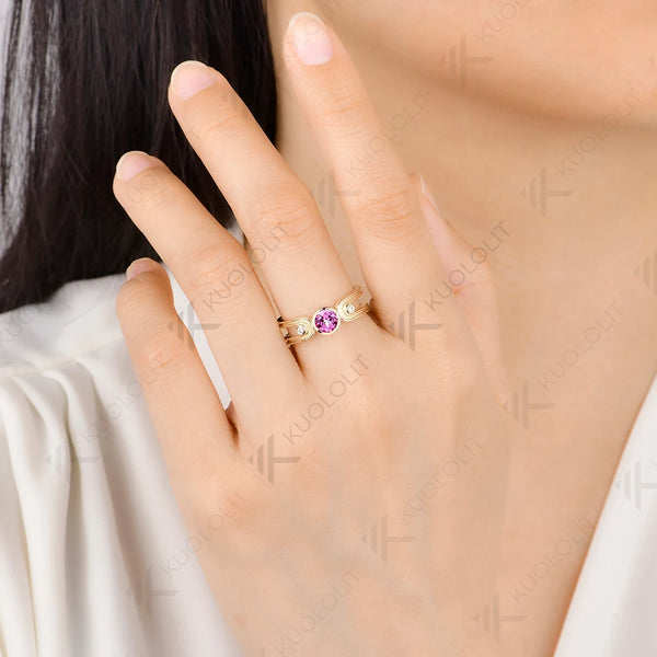 Kuololit 0.5CT Lab Grown Pink Sapphire Diamonds Custom Ring for Women Solid 14K 10K Yellow Gold for Anniversary Christmas Gifts