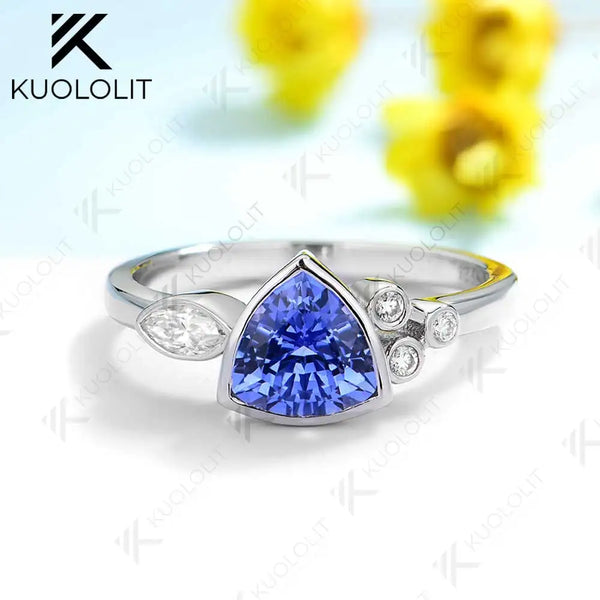 Kuololit 1.2CT Lab Grown Blue Sapphire Jellyfish Ring for Women Solid14K 10K 585 Yellow Gold Moissanite Ring for Christmas Gifts