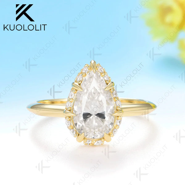 Kuololit 2CT Pear Cut Cyan Moissanite Rings for Women Solid 14K 10K 585 Yellow Gold Pear Cut for Engagement Christmas Gifts Party