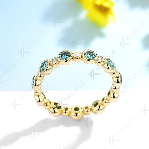 Kuololit 1.3CTW Cyan White Moissanite Ring for Women Solid 14K 10K 585 Yellow Gold Eternity Full Band for Christmas Gifts Party