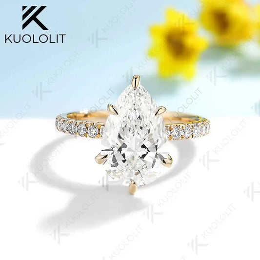 Kuololit 4.5CT Pear Cut Moissanite Rings for Women Solid 18K 14K 10K 585 Yellow Gold Pear Cut for Engagement Christmas Gifts