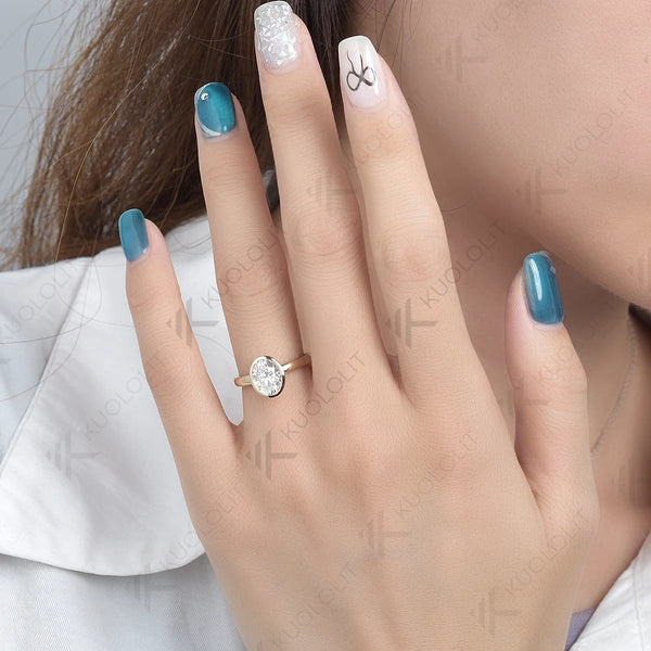 Kuololit 2CT Oval Moissanite Rings for Women Solid 14K 10K 585 White Gold 925 Silver Bezel Set for Engagement Wedding Christmas