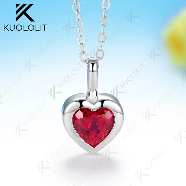 Kuololit 0.8CT Lab Grown Ruby Heart Cut Necklace for Women Solid 585 14K 10K Yellow Gold Necklace for Engagement Christmas Gifts