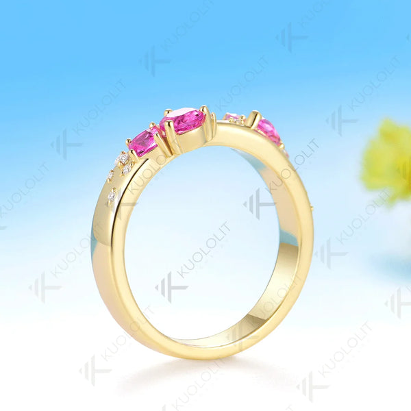 Kuololit Lab Grown Pink Sapphire Moissanite Ring for Women Men Solid 10K 14K Yellow Gold for Anniversary Christmas Gifts Party