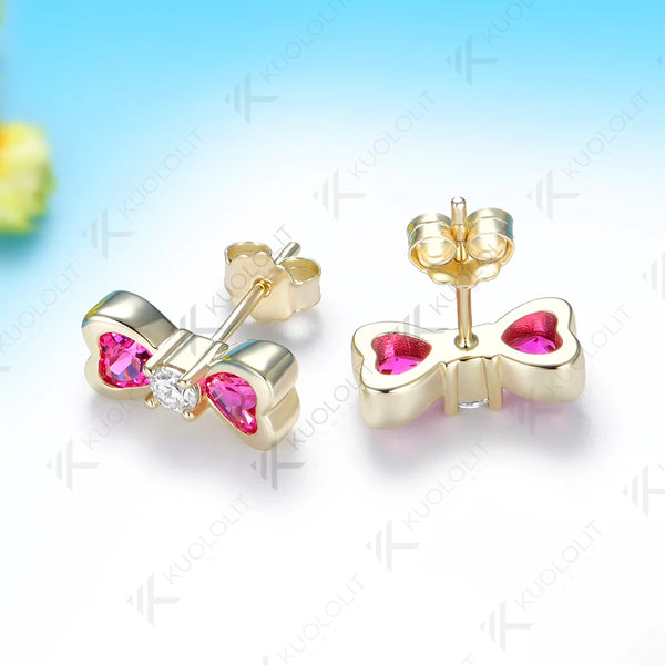 Kuololit 1.4CTW Lab Pink Sapphire Diamonds Heart Custom Earrings for Women Solid14K 10K 585 Yellow Gold for Christmas Gift Party