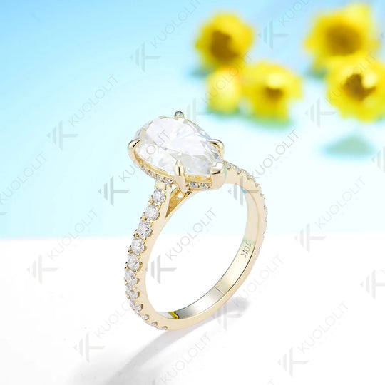 Kuololit 4CT Pear Cut Moissanite 14K 10K 585 Yellow Gold Rings for Women Pear D/VVS Moissanite Luxury Ring for Engagement Trends