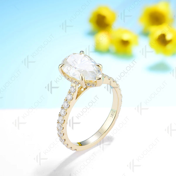 Kuololit 4CT Pear Cut Moissanite 14K 10K 585 Yellow Gold Rings for Women Pear D/VVS Moissanite Luxury Ring for Engagement Trends