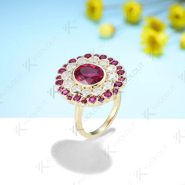 Kuololit 3CT Lab Grown Ruby with Moissanite Rings for Women Olid 14K 10K 585 White Gold Silver for Engagement Wedding Christmas