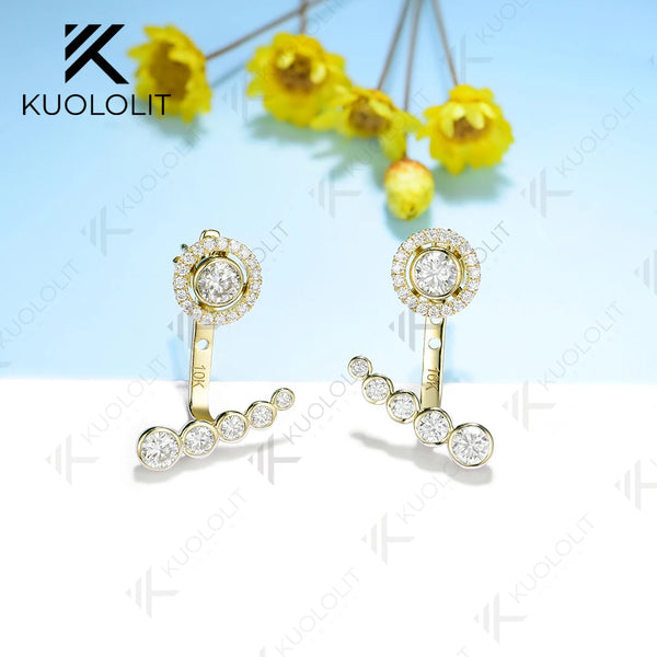Kuololit Moissanite Stub Earrings for Women Solid 18K 14K 10K Yellow Gold Jacket Earring for Party Christmas Classic Engagement