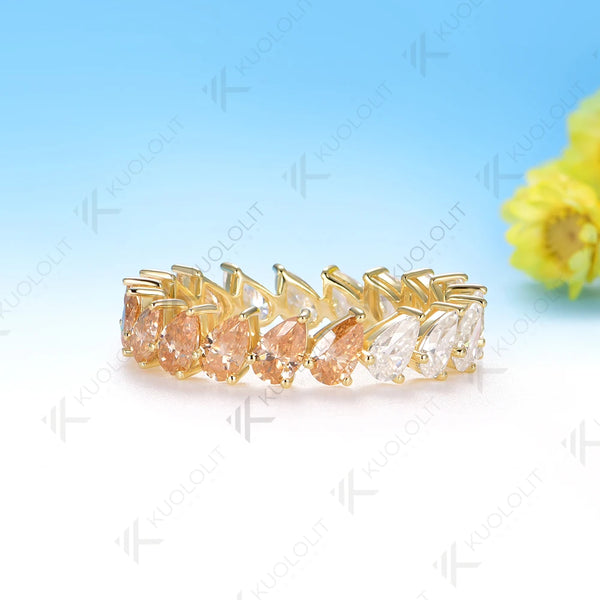 Kuololit 7CTW Half Champagne Moissanite Pear Ring for Women Solid 14K 10K 585 Gold Eternity Full Band for Christmas Gifts Party
