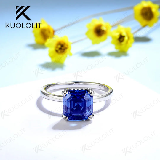 Kuololit Lab Grown Sapphire Moissanite Rings for Women Solid 18K 14K White Gold Asscher Cut Hiden Halo for Engagement Wedding