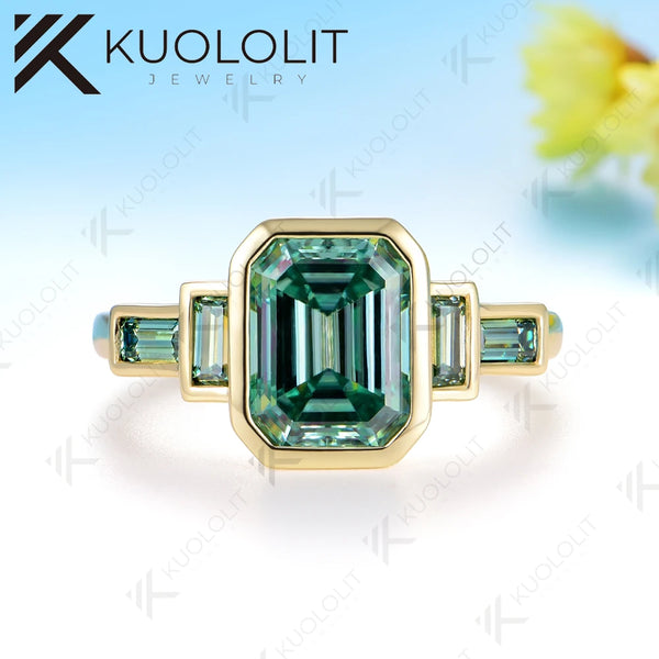 Kuololit 3CT Emerald Cut Cyan Moissanite Ring for Women Solid 14K 10K 585 Yelllow Gold Engagement Ring for Christmas Gifts Party