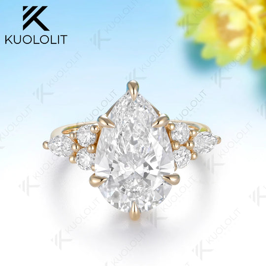 Kuololit  IGI 4CT Lab Diamonds Pear Ring for Women Solid 14K10K Yellow Gold D VS Diamonds Ring for Engagement Christmas Gifts