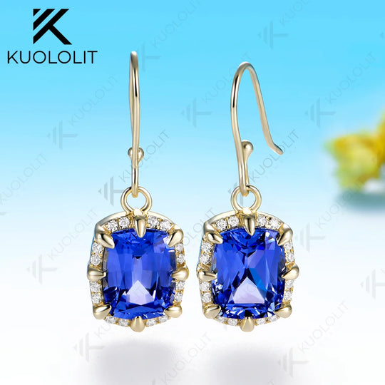 Kuololit 5CTW Lab Grown Blue Sapphire Custom Hoop Earrings for Women Solid 14K 10K 585 Yellow Gold for Christmas Gifts Party