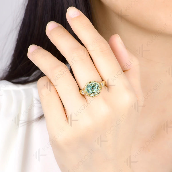 Kuololit 4CT Cyan Moissanite Jubilee Cut Custom Ring for Women Solid 14K 10K 585 Gold Engagement Chain Ring for Christmas Gifts